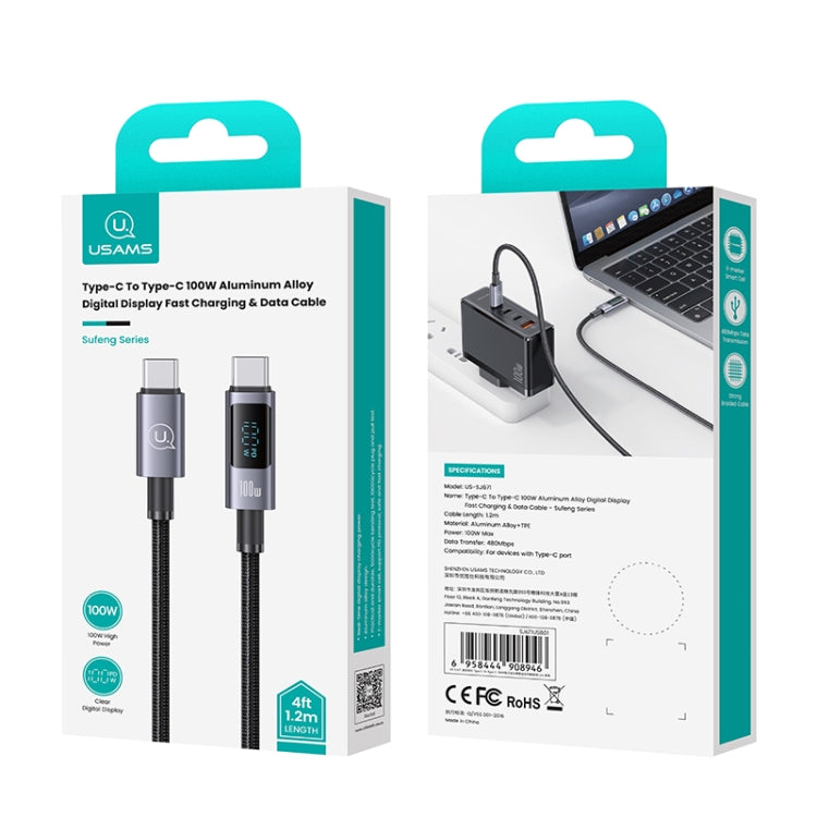 USAMS US-SJ671 Type-C To Type-C 100W Fast Charge Digital Display Data Cable, Length: 1.2m(Black) - USB-C & Type-C Cable by USAMS | Online Shopping South Africa | PMC Jewellery