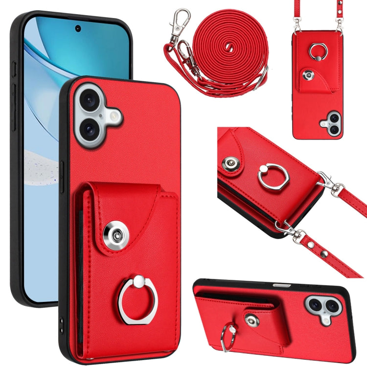 For iPhone 16 Plus Organ Card Bag Ring Holder Phone Case with Long Lanyard(Red) - iPhone 16 Plus Cases by PMC TechLife | Online Shopping South Africa | PMC TechLife | Buy Now Pay Later Mobicred