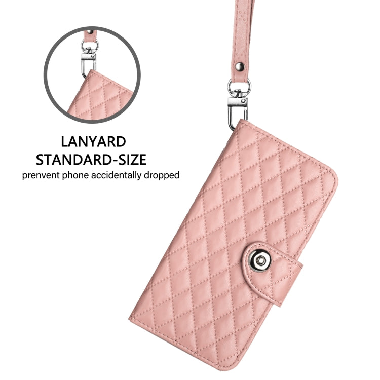 For iPhone 16 Plus Rhombic Texture Flip Leather Phone Case with Lanyard(Coral Pink) - iPhone 16 Plus Cases by PMC TechLife | Online Shopping South Africa | PMC TechLife | Buy Now Pay Later Mobicred