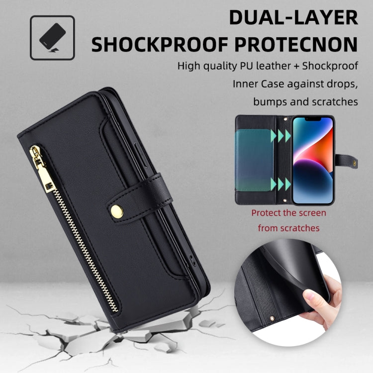 For Tecno Pop 4 Sheep Texture Cross-body Zipper Wallet Leather Phone Case(Black) - Tecno Cases by PMC TechLife | Online Shopping South Africa | PMC TechLife | Buy Now Pay Later Mobicred