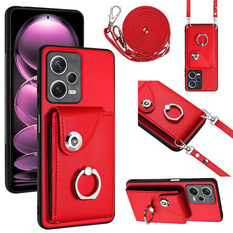 For Xiaomi Redmi Note 12 5G Global Organ Card Bag Ring Holder Phone Case with Long Lanyard(Red) - Xiaomi Cases by PMC Jewellery | Online Shopping South Africa | PMC Jewellery | Buy Now Pay Later Mobicred