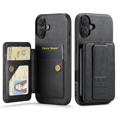 For iPhone 16 Plus Fierre Shann Oil Wax Cow Leather Card Holder Back Phone Case(Black) - iPhone 16 Plus Cases by FIERRE SHANN | Online Shopping South Africa | PMC Jewellery | Buy Now Pay Later Mobicred