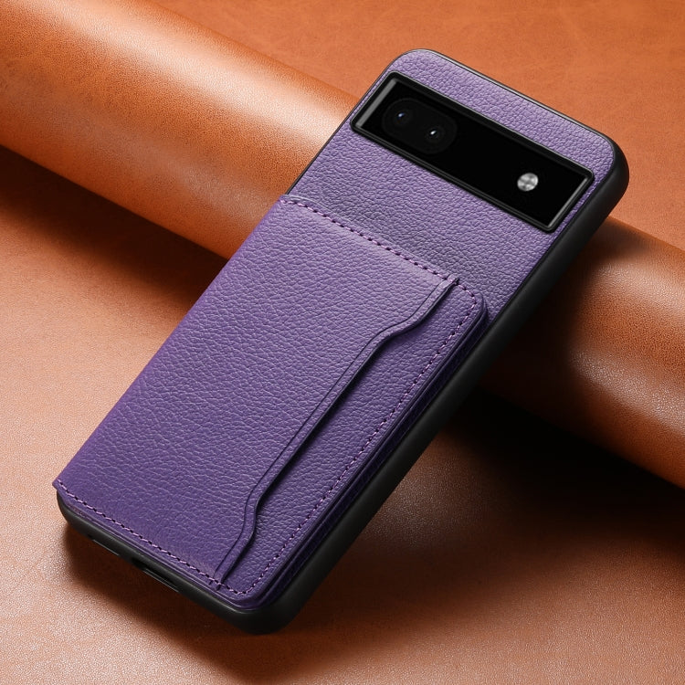 For Google Pixel 6a Calf Texture Card Bag Design Full Coverage Phone Case(Purple) - Google Cases by PMC Jewellery | Online Shopping South Africa | PMC Jewellery | Buy Now Pay Later Mobicred