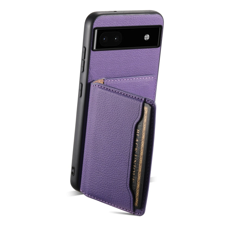 For Google Pixel 6a Calf Texture Card Bag Design Full Coverage Phone Case(Purple) - Google Cases by PMC Jewellery | Online Shopping South Africa | PMC Jewellery | Buy Now Pay Later Mobicred