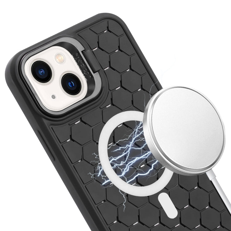 For iPhone 13 Honeycomb Radiating Lens Holder Magsafe Phone Case with Lanyard(Black) - iPhone 13 Cases by PMC Jewellery | Online Shopping South Africa | PMC Jewellery