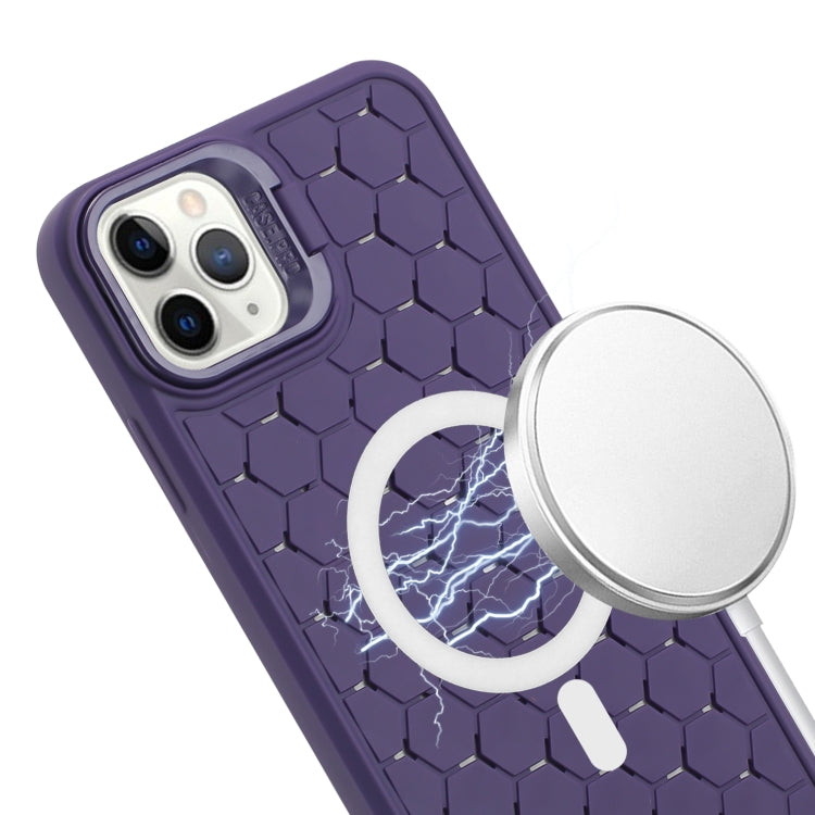 For iPhone 12 Pro Honeycomb Radiating Lens Holder Magsafe Phone Case with Lanyard(Purple) - iPhone 12 / 12 Pro Cases by PMC Jewellery | Online Shopping South Africa | PMC Jewellery