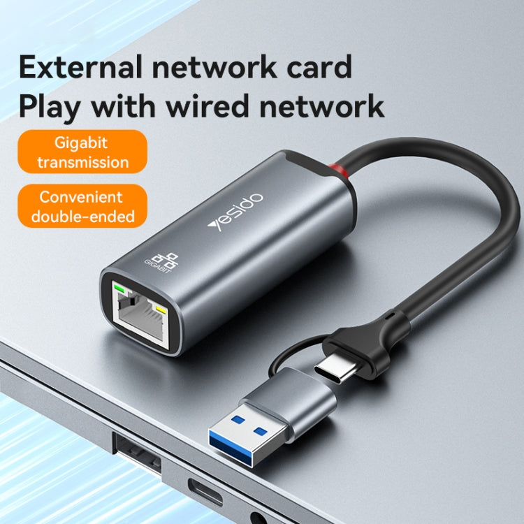 Yesido HB26 2 in 1 USB+USB-C/Type-C to Ethernet Adapter(Grey) - free shipping - PMC Jewellery - Order now!
