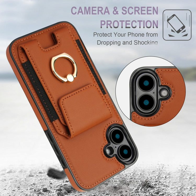 For iPhone 16 Elastic Card Bag Ring Holder Phone Case(Brown) - iPhone 16 Cases by PMC Jewellery | Online Shopping South Africa | PMC Jewellery | Buy Now Pay Later Mobicred