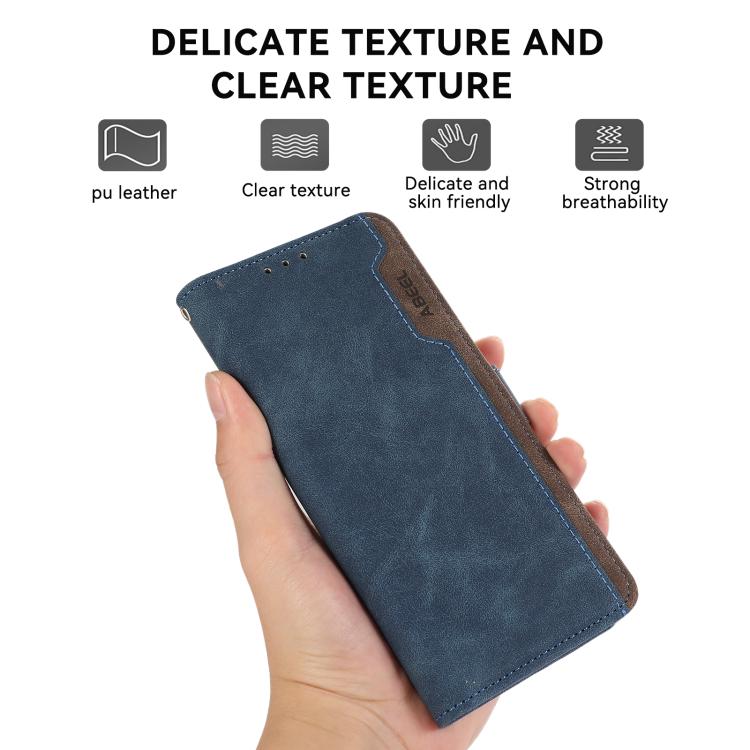 For iPhone 16e ABEEL Color Block Magnetic RFID Leather Phone Case(Blue-Brown) - iPhone 16e Cases by PMC TechLife | Online Shopping South Africa | PMC TechLife | Buy Now Pay Later Mobicred