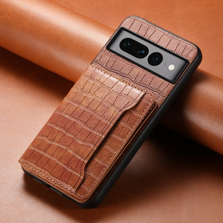 For Google Pixel 7 Pro 5G Crocodile Texture Card Bag Design Full Coverage Phone Case(Brown) - Google Cases by PMC Jewellery | Online Shopping South Africa | PMC Jewellery | Buy Now Pay Later Mobicred