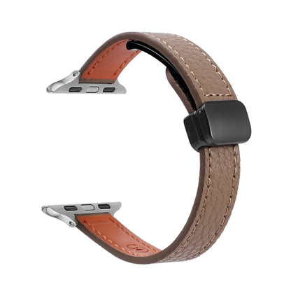 For Apple Watch SE 2023 40mm Slim Magnetic Buckle Genuine Leather Watch Band(Litchi Coffee) - Watch Bands by PMC Jewellery | Online Shopping South Africa | PMC Jewellery