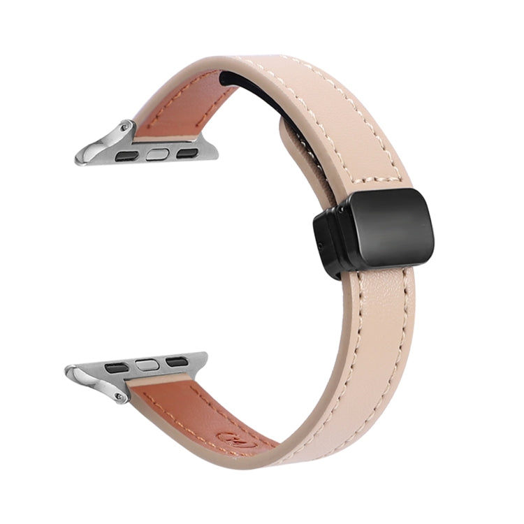 For Apple Watch Series 8 45mm Slim Magnetic Buckle Genuine Leather Watch Band(Plain Apricot) - Watch Bands by PMC Jewellery | Online Shopping South Africa | PMC Jewellery