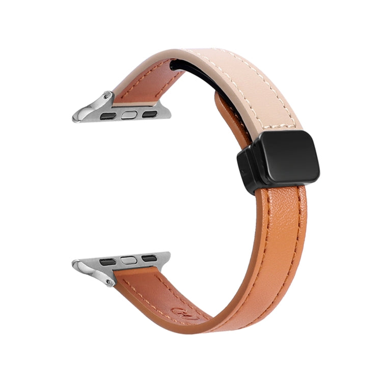 For Apple Watch Series 7 41mm Slim Magnetic Buckle Genuine Leather Watch Band(Plain Orange Apricot) - Watch Bands by PMC Jewellery | Online Shopping South Africa | PMC Jewellery