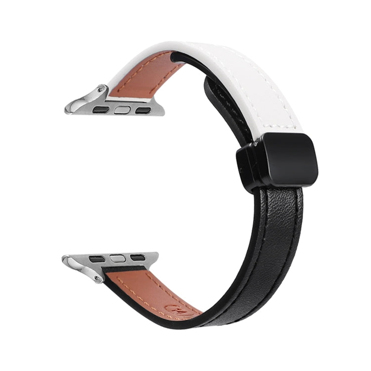 For Apple Watch Series 5 40mm Slim Magnetic Buckle Genuine Leather Watch Band(Plain Black Beige) - Watch Bands by PMC Jewellery | Online Shopping South Africa | PMC Jewellery