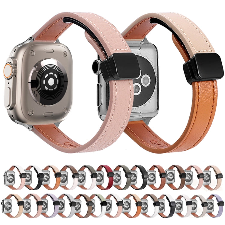 For Apple Watch Series 2 42mm Slim Magnetic Buckle Genuine Leather Watch Band(Litchi Pink Beige) - Watch Bands by PMC Jewellery | Online Shopping South Africa | PMC Jewellery