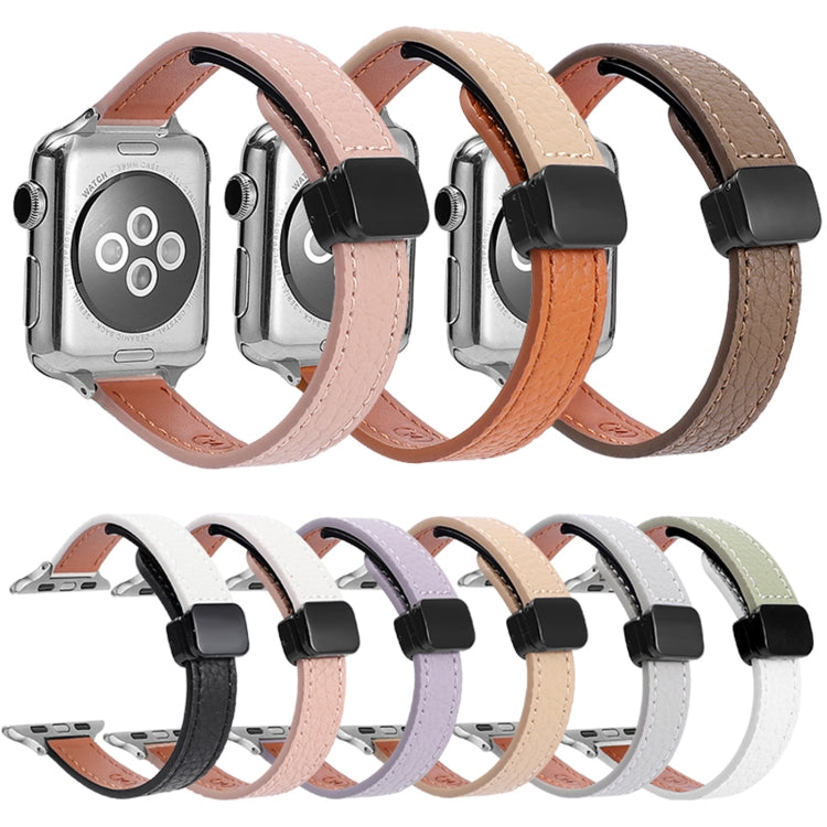 For Apple Watch Series 5 40mm Slim Magnetic Buckle Genuine Leather Watch Band(Plain Beige Pink) - Watch Bands by PMC Jewellery | Online Shopping South Africa | PMC Jewellery