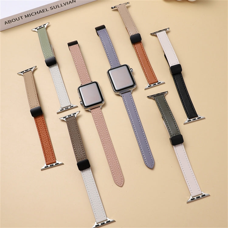 For Apple Watch SE 44mm Slim Magnetic Buckle Genuine Leather Watch Band(Litchi Orange Apricot) - Watch Bands by PMC Jewellery | Online Shopping South Africa | PMC Jewellery