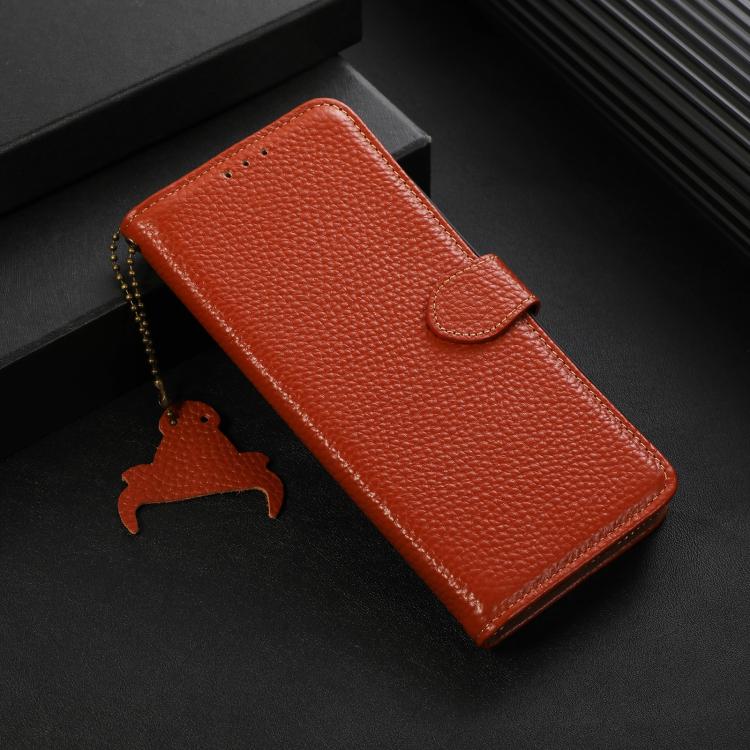 For OnePlus Ace 5 / 13R 5G Genuine Leather Litchi Texture RFID Leather Phone Case(Coffee) - OnePlus Cases by PMC TechLife | Online Shopping South Africa | PMC TechLife | Buy Now Pay Later Mobicred
