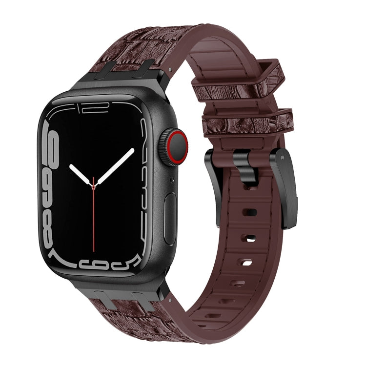 For Apple Watch SE 2023 44mm Crocodile Texture Liquid Silicone Watch Band(Black Dark Brown) - Watch Bands by PMC Jewellery | Online Shopping South Africa | PMC Jewellery