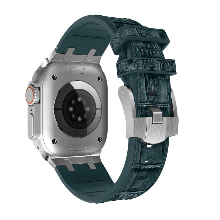 For Apple Watch Ultra 49mm Crocodile Texture Liquid Silicone Watch Band(Silver Deep Green) - Watch Bands by PMC TechLife | Online Shopping South Africa | PMC TechLife