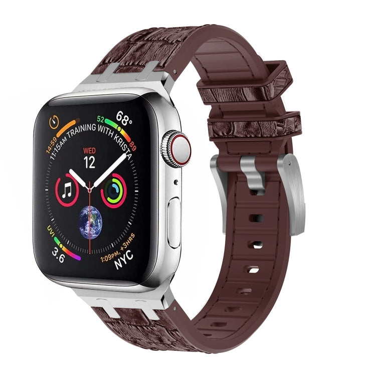 For Apple Watch Series 8 45mm Crocodile Texture Liquid Silicone Watch Band(Silver Dark Brown) - Watch Bands by PMC Jewellery | Online Shopping South Africa | PMC Jewellery