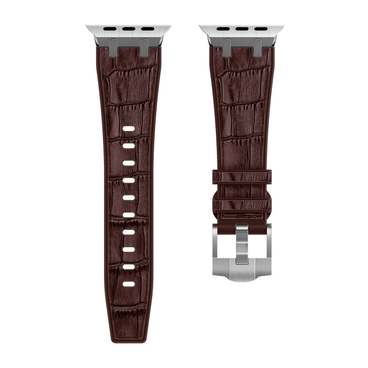 For Apple Watch SE 2022 40mm Crocodile Texture Liquid Silicone Watch Band(Silver Dark Brown) - Watch Bands by PMC Jewellery | Online Shopping South Africa | PMC Jewellery