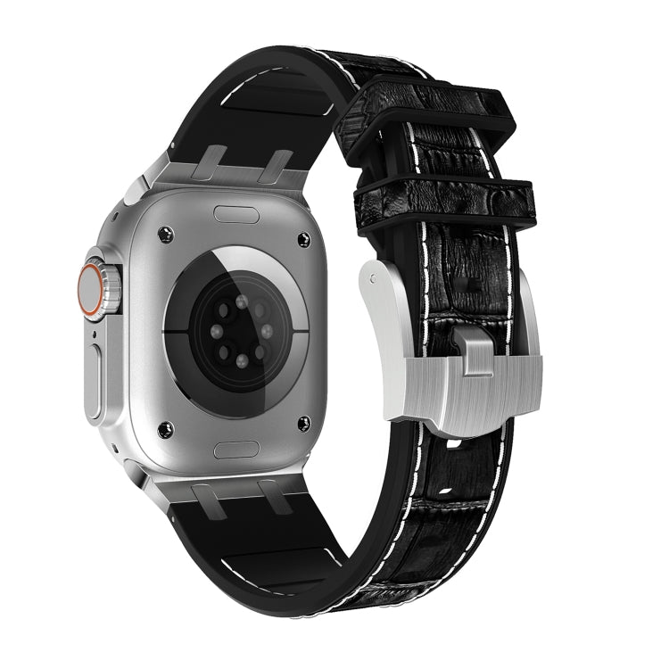 For Apple Watch SE 2022 44mm Crocodile Texture Liquid Silicone Watch Band(Silver White Black) - Watch Bands by PMC TechLife | Online Shopping South Africa | PMC TechLife