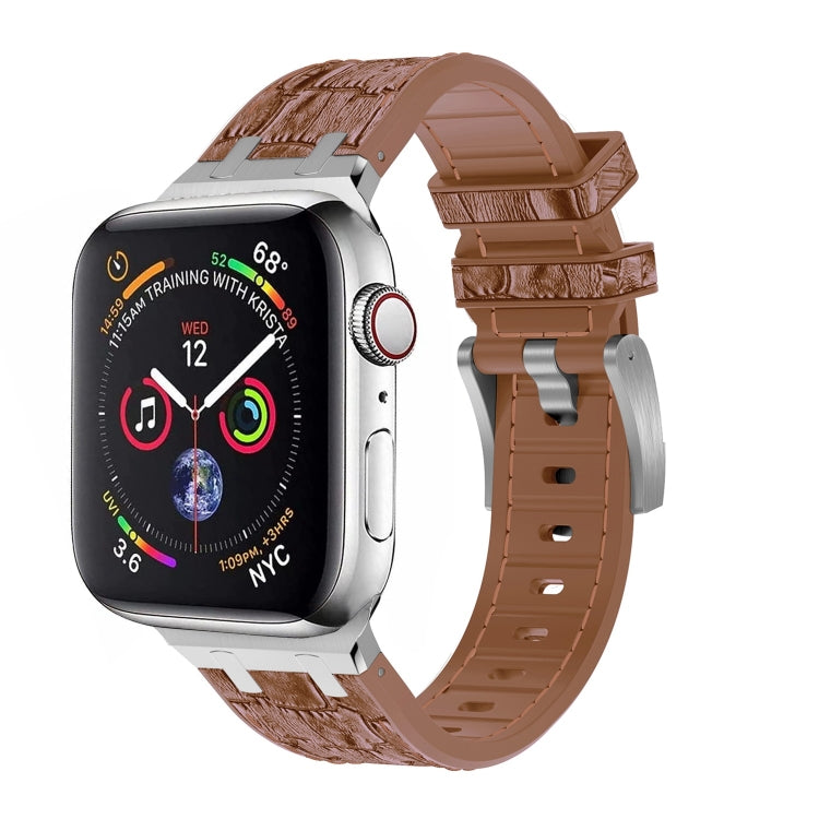 For Apple Watch SE 40mm Crocodile Texture Liquid Silicone Watch Band(Silver Yellow Brown) - Watch Bands by PMC Jewellery | Online Shopping South Africa | PMC Jewellery