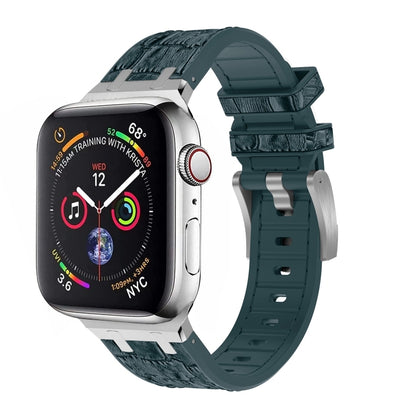 For Apple Watch SE 44mm Crocodile Texture Liquid Silicone Watch Band(Silver Deep Green) - Watch Bands by PMC Jewellery | Online Shopping South Africa | PMC Jewellery