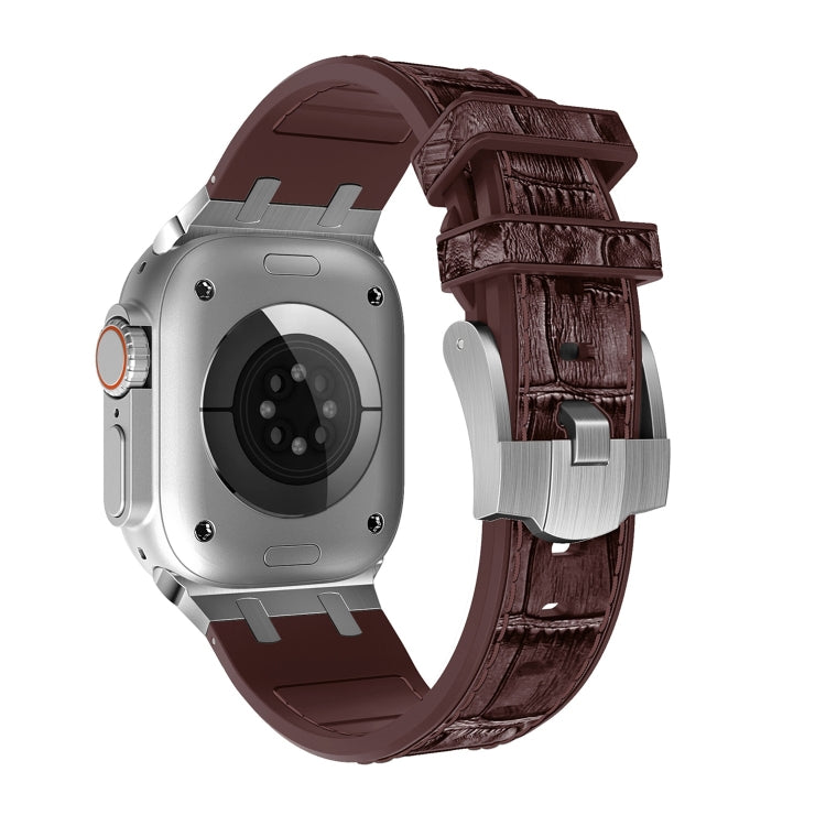For Apple Watch Series 4 44mm Crocodile Texture Liquid Silicone Watch Band(Silver Dark Brown) - Watch Bands by PMC TechLife | Online Shopping South Africa | PMC TechLife