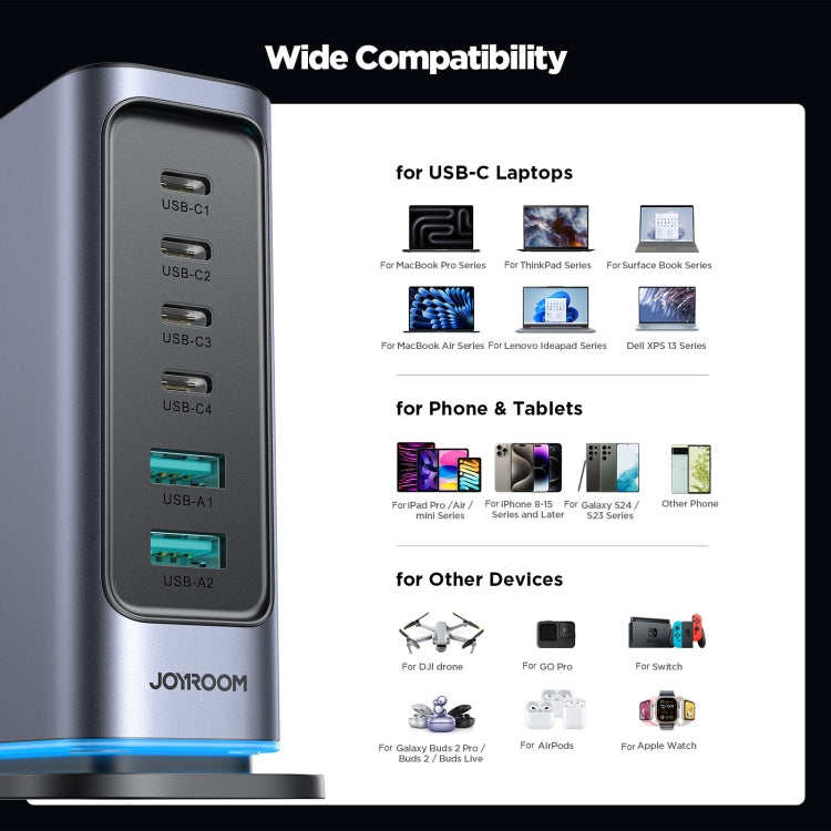 JOYROOM JR-TCM02 6 in 1 65W GaN 4 USB-C & 2 USB-A Multi-port Charger, Power Plug:EU Plug(Dark Gray) - Multifunction Charger by JOYROOM | Online Shopping South Africa | PMC Jewellery | Buy Now Pay Later Mobicred