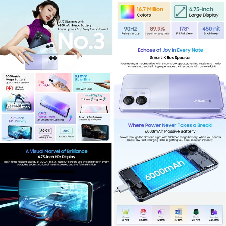 [HK Warehouse] Blackview COLOR 8, 8GB+128GB, Fingerprint & Face Identification, 6.75 inch Android 13 Unisoc T616 Octa Core up to 2.2GHz, Network: 4G, OTG(Wisteria Purple) - Blackview by Blackview | Online Shopping South Africa | PMC Jewellery