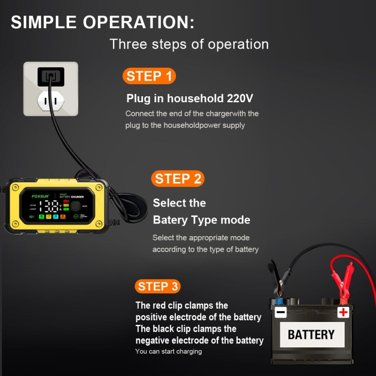 FOXSUR 7A 12V Car / Motorcycle Smart Battery Charger, Plug Type:US Plug(Yellow) - Battery Charger by FOXSUR | Online Shopping South Africa | PMC Jewellery | Buy Now Pay Later Mobicred