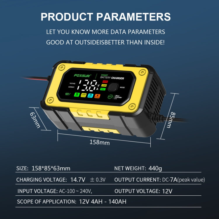 FOXSUR 7A 12V Car / Motorcycle Smart Battery Charger, Plug Type:US Plug(Yellow) - free shipping - PMC TechLife - Order now!