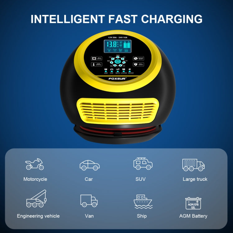 FOXSUR 20A 12V 24V Car / Motorcycle Smart Battery Charger, Plug Type:EU Plug(Yellow) - Battery Charger by FOXSUR | Online Shopping South Africa | PMC Jewellery | Buy Now Pay Later Mobicred