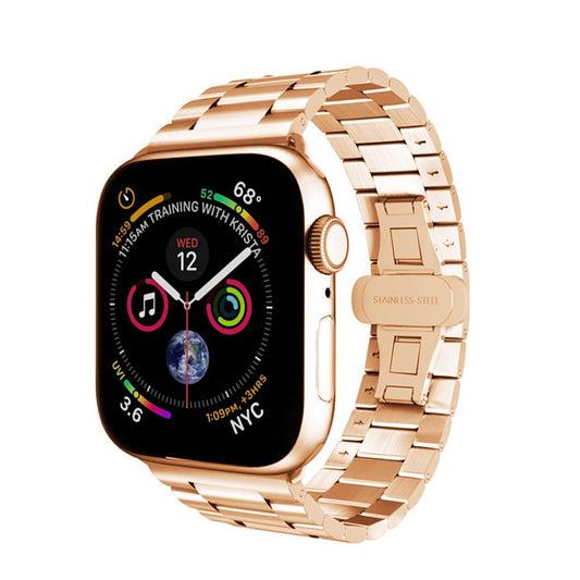 For Apple Watch Series 3 38mm Three-bead Butterfly Buckle Metal Watch Band(Rose Gold) - Watch Bands by PMC Jewellery | Online Shopping South Africa | PMC Jewellery