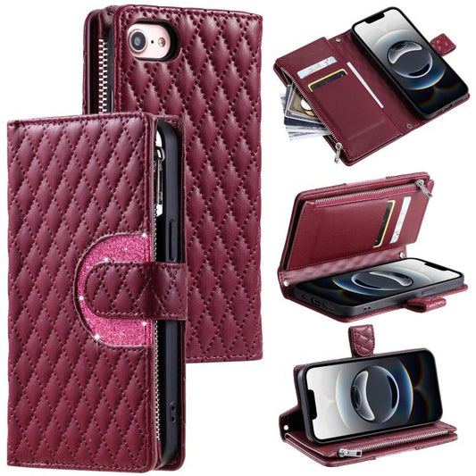 For iPhone 16e Glitter Lattice Zipper Wallet Leather Phone Case(Wine Red) - iPhone 16e Cases by PMC Jewellery | Online Shopping South Africa | PMC Jewellery | Buy Now Pay Later Mobicred