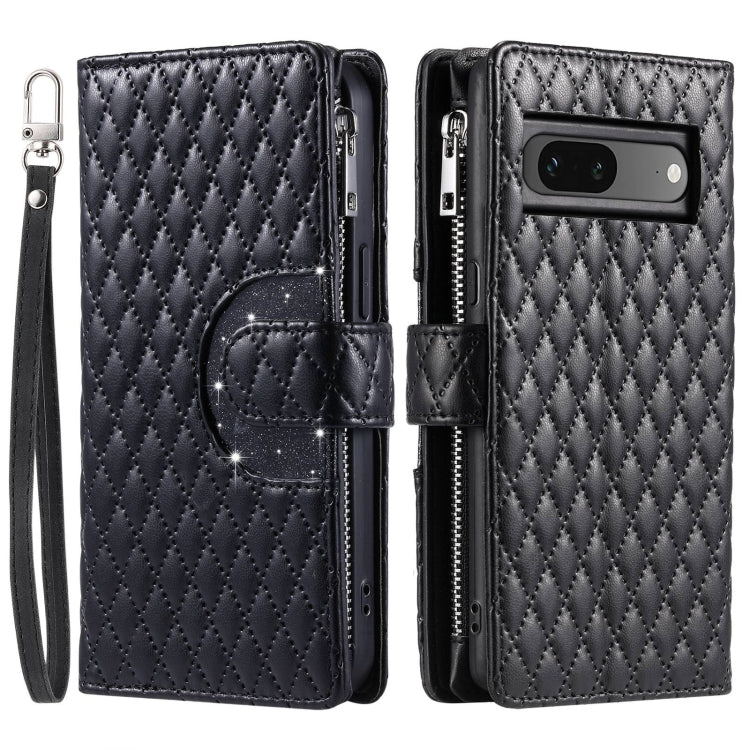 For Google Pixel 7 5G Glitter Lattice Zipper Wallet Leather Phone Case(Black) - Google Cases by PMC TechLife | Online Shopping South Africa | PMC TechLife | Buy Now Pay Later Mobicred