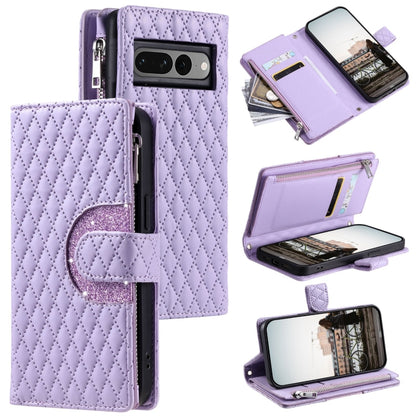 For Google Pixel 7 Pro 5G Glitter Lattice Zipper Wallet Leather Phone Case(Purple) - Google Cases by PMC Jewellery | Online Shopping South Africa | PMC Jewellery | Buy Now Pay Later Mobicred