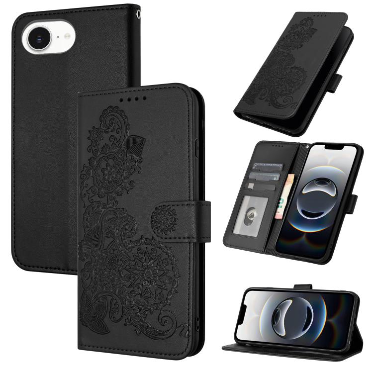 For iPhone 16e Datura Flower Embossed Flip Leather Phone Case(Black) - iPhone 16e Cases by PMC TechLife | Online Shopping South Africa | PMC TechLife | Buy Now Pay Later Mobicred