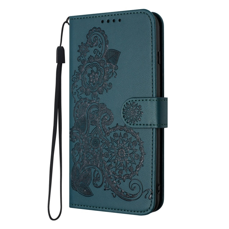 For iPhone 16 Datura Flower Embossed Flip Leather Phone Case(Dark Green) - iPhone 16 Cases by PMC Jewellery | Online Shopping South Africa | PMC Jewellery | Buy Now Pay Later Mobicred