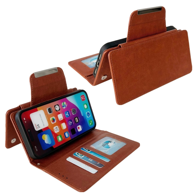 For iPhone 16 Pro Multifunctional Seven Cards Wallet Leather Phone Case(Brown) - iPhone 16 Pro Cases by PMC Jewellery | Online Shopping South Africa | PMC Jewellery | Buy Now Pay Later Mobicred