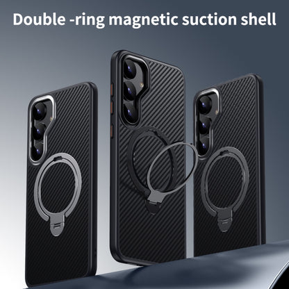 For Samsung Galaxy S25 5G Double Ring MagSafe Holder Carbon Fibre Phone Case(Black) - Galaxy S25 5G Cases by PMC Jewellery | Online Shopping South Africa | PMC Jewellery | Buy Now Pay Later Mobicred