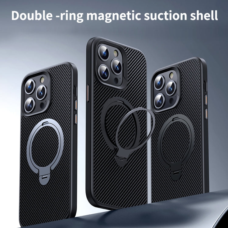 For iPhone 16 Double Ring MagSafe Holder Carbon Fiber Phone Case(Silver) - iPhone 16 Cases by PMC Jewellery | Online Shopping South Africa | PMC Jewellery | Buy Now Pay Later Mobicred