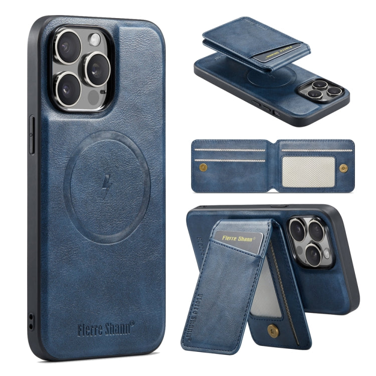 For iPhone 16 Pro Max Fierre Shann Oil Wax Cow Leather Magnetic Card Holder Phone Case(Blue) - iPhone 16 Pro Max Cases by FIERRE SHANN | Online Shopping South Africa | PMC Jewellery | Buy Now Pay Later Mobicred