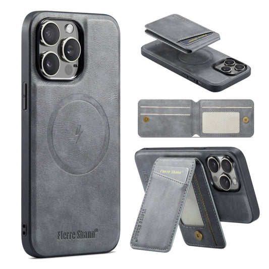 For iPhone 16 Pro Max Fierre Shann Oil Wax Cow Leather Magnetic Card Holder Phone Case(Grey) - iPhone 16 Pro Max Cases by FIERRE SHANN | Online Shopping South Africa | PMC Jewellery | Buy Now Pay Later Mobicred