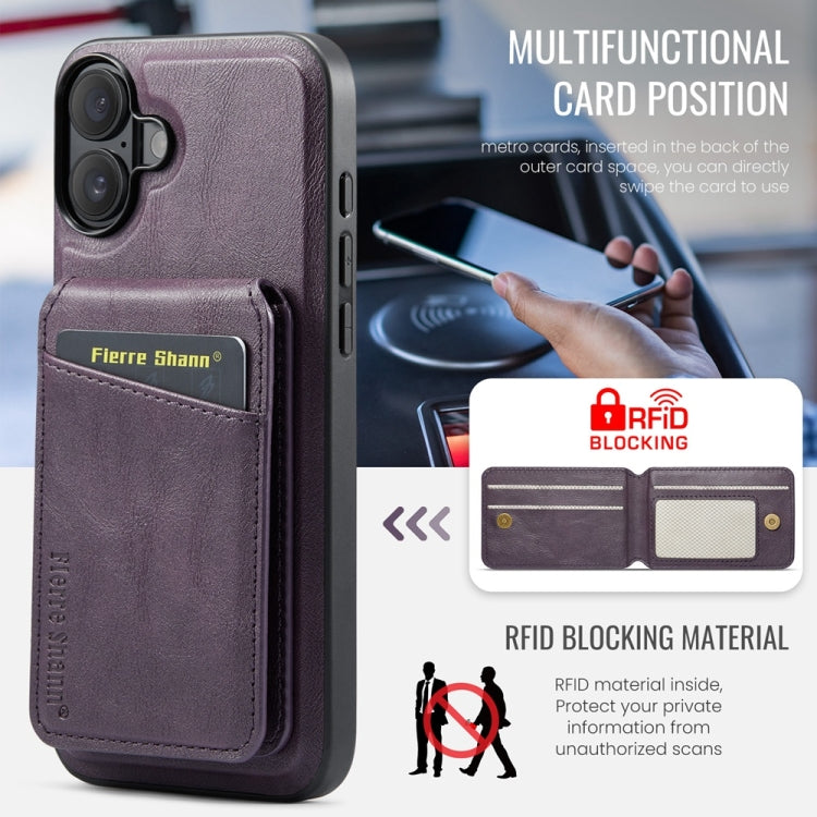 For iPhone 16 Fierre Shann Oil Wax Cow Leather Magnetic Card Holder Phone Case(Purple) - iPhone 16 Cases by FIERRE SHANN | Online Shopping South Africa | PMC Jewellery | Buy Now Pay Later Mobicred