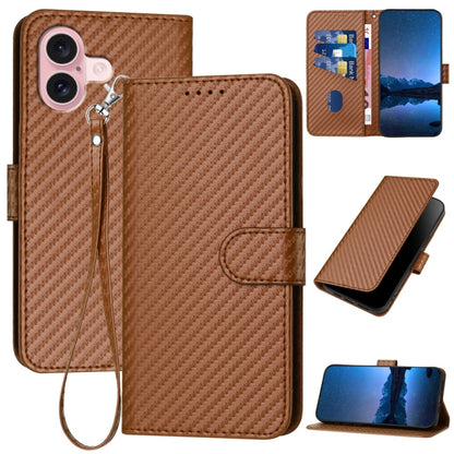 For iPhone 16 YX0070 Carbon Fiber Buckle Leather Phone Case with Lanyard(Coffee) - iPhone 16 Cases by PMC Jewellery | Online Shopping South Africa | PMC Jewellery | Buy Now Pay Later Mobicred