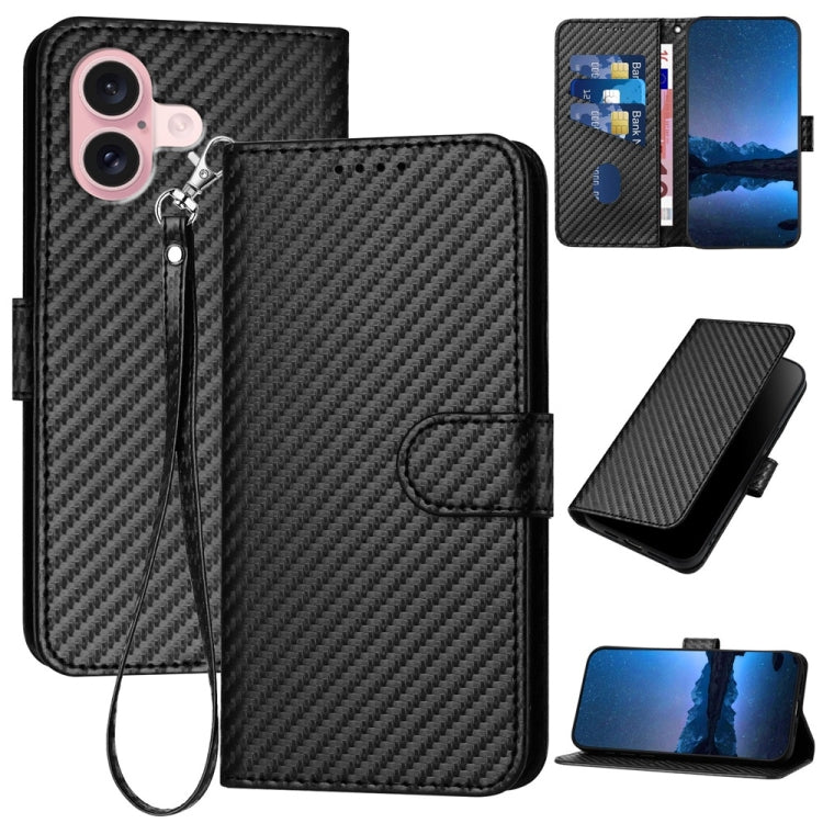 For iPhone 16 YX0070 Carbon Fiber Buckle Leather Phone Case with Lanyard(Black) - iPhone 16 Cases by PMC Jewellery | Online Shopping South Africa | PMC Jewellery | Buy Now Pay Later Mobicred