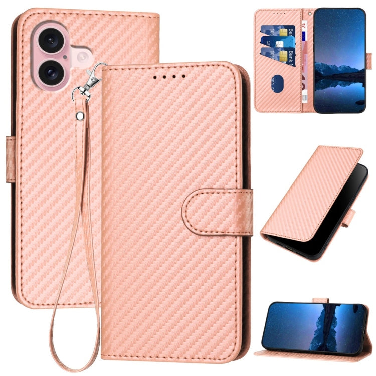 For iPhone 16 YX0070 Carbon Fiber Buckle Leather Phone Case with Lanyard(Pink) - iPhone 16 Cases by PMC Jewellery | Online Shopping South Africa | PMC Jewellery | Buy Now Pay Later Mobicred